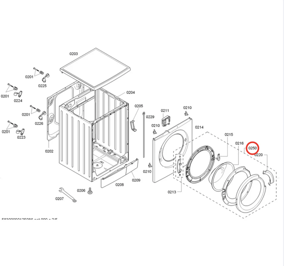 Front view of the 00704287 Bosch complete washing machine door assembly.