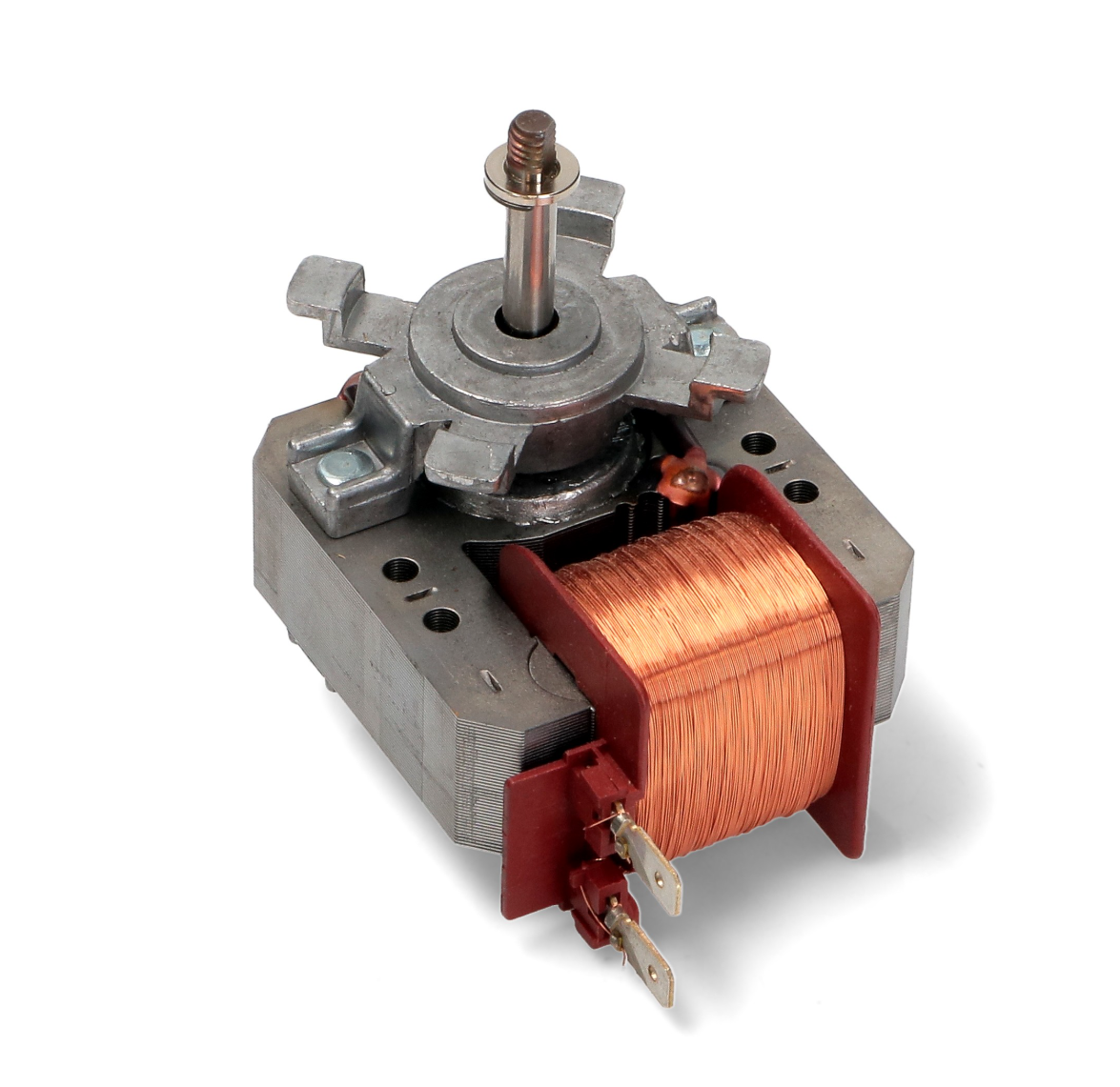 Rear view of the 3890813045 oven fan motor showing electrical terminals and mounting bracket.