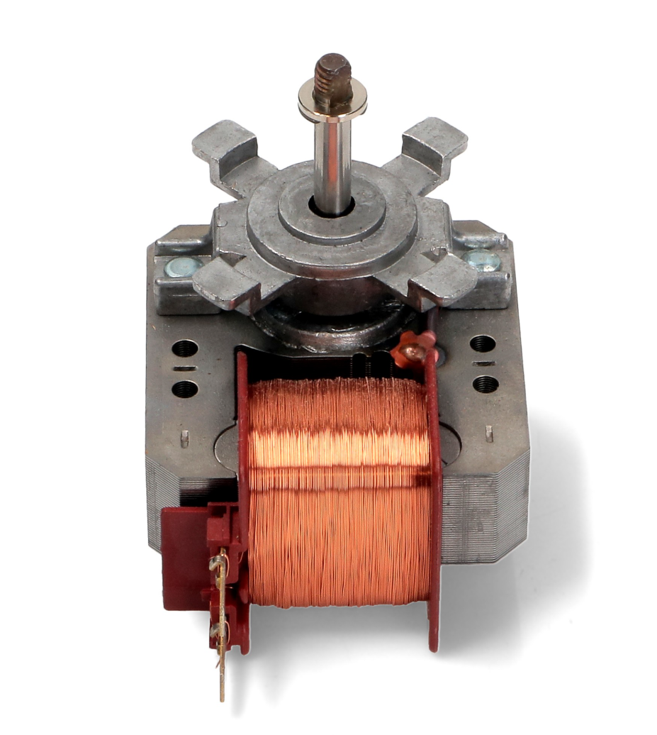 Side view of the 3890813045 Electrolux oven circulation fan motor showing the motor body and mounting points.