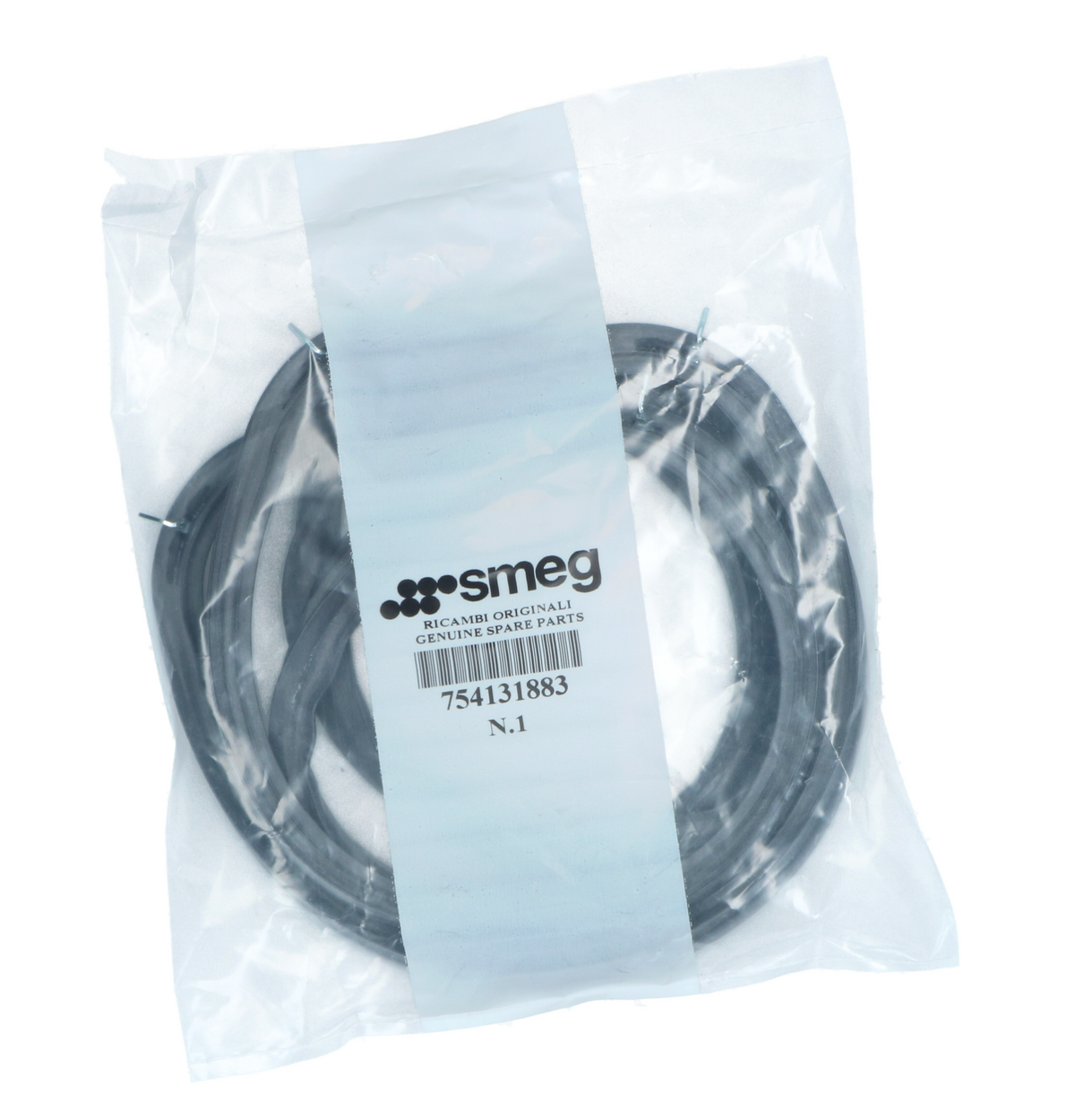 Genuine Smeg 754131883 oven door seal showing the complete 4-sided gasket profile and four metal mounting clips.