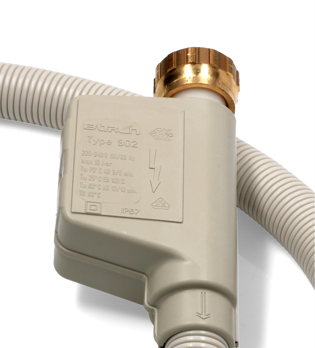 Close-up of the 7638501 Miele Aquastop safety inlet hose showing the integrated safety valve and water connection.