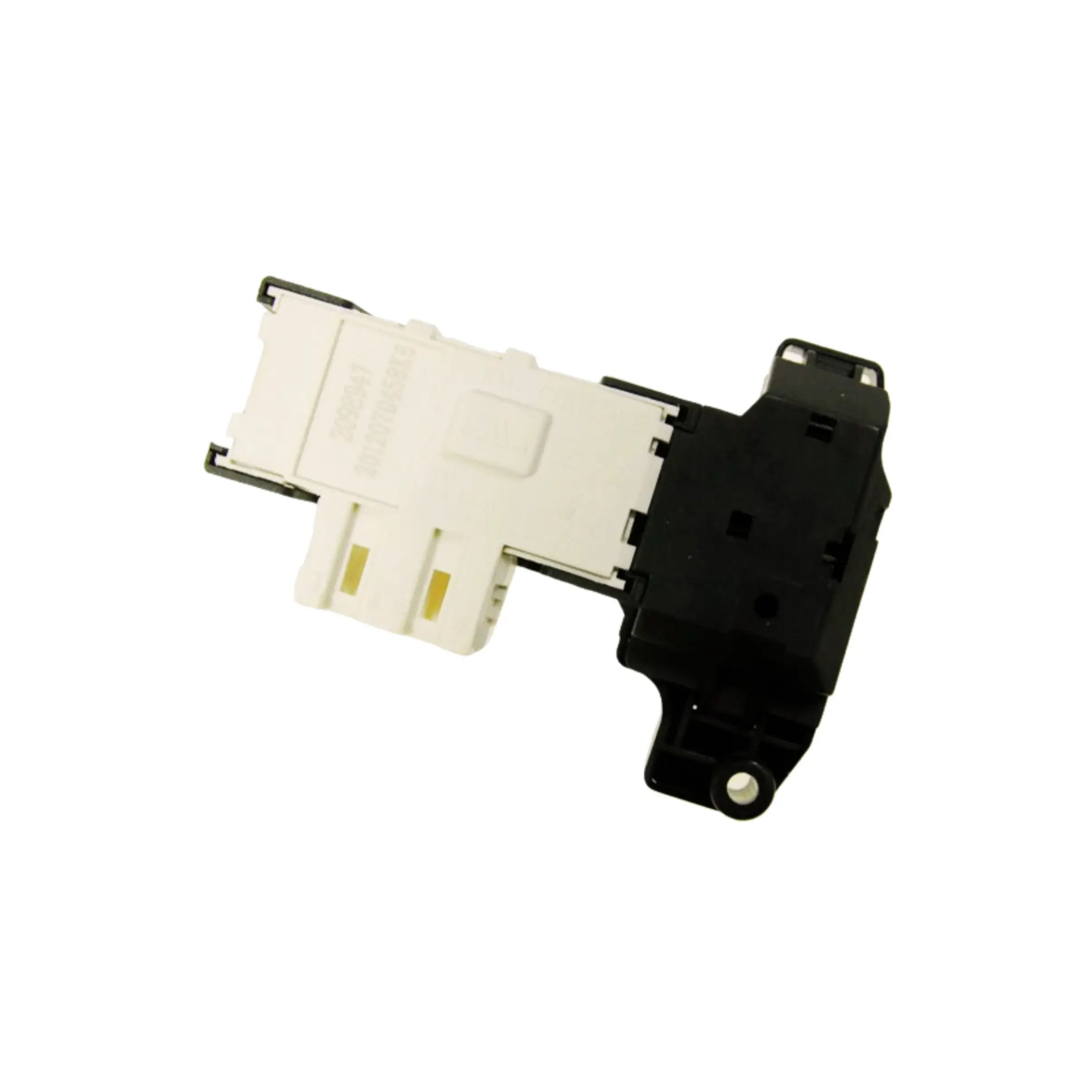 Angled view of the HK2098947 washing machine door lock showing the electrical connector and locking mechanism.