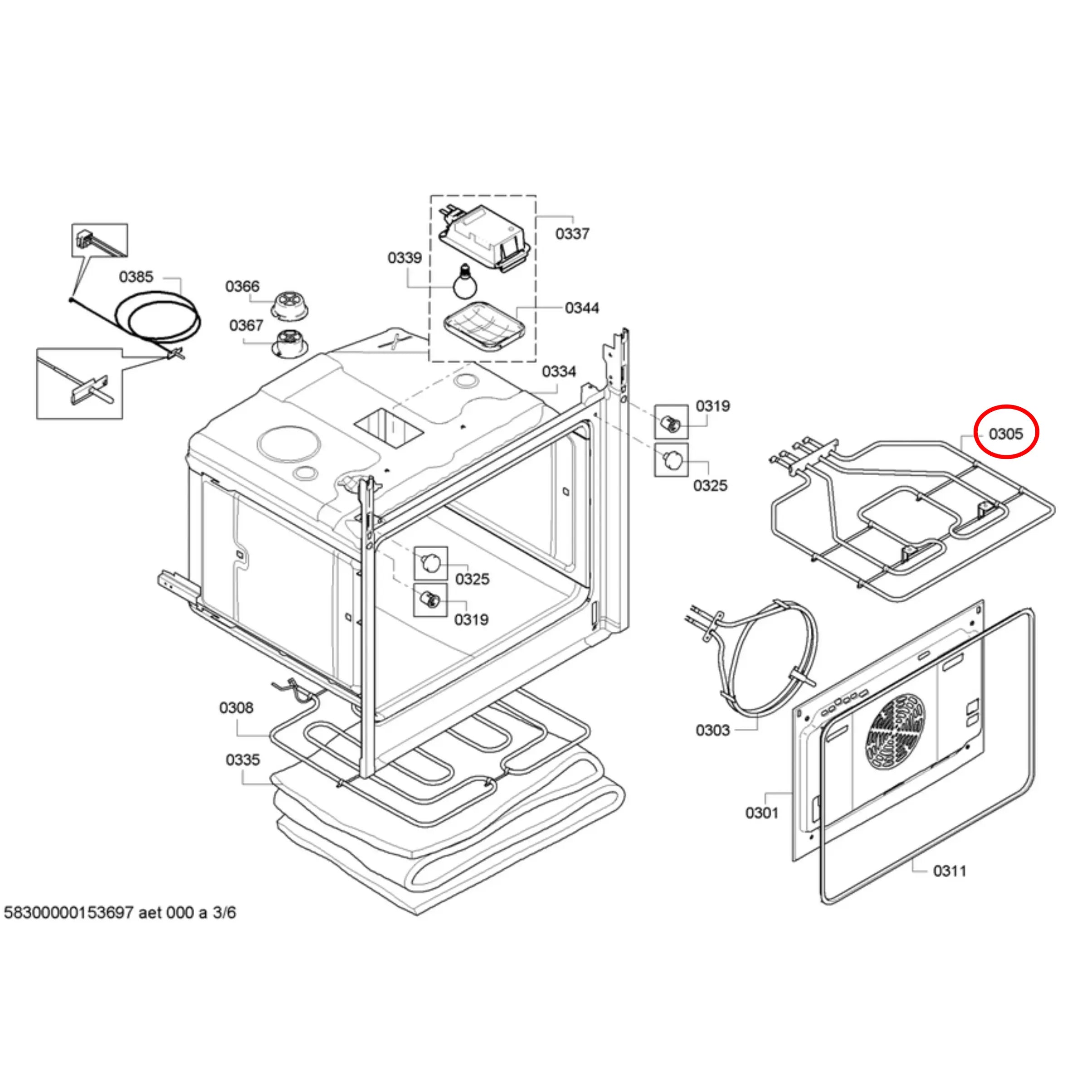 Front view of the 00471375 Bosch 2800W oven top grill heating element.