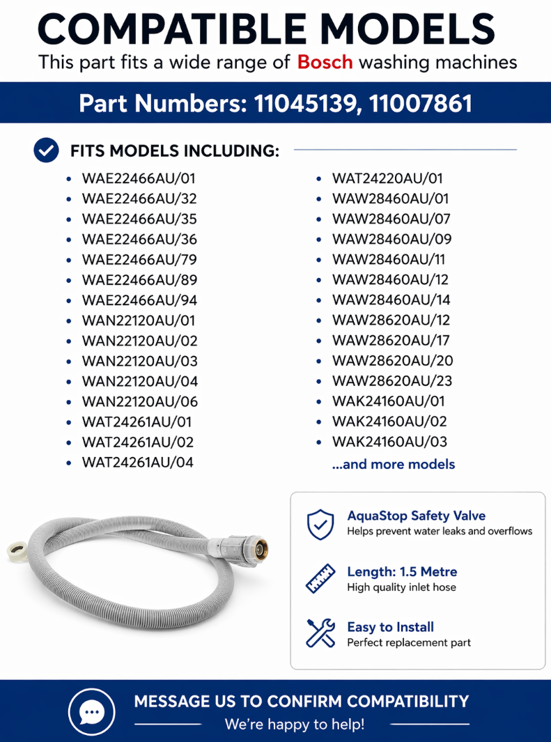 11007861 Bosch Washing Machine AquaStop Valve Inlet Hose 1.5M Fast Spares